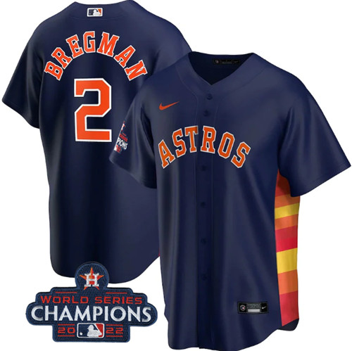 Men's Houston Astros #2 Alex Bregman Navy 2022 World Series Champions Home Stitched Baseball Jersey